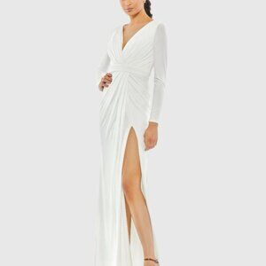 Mac Duggal Size 14 White 26554 Long Sleeve Wrap Jersey Slit Gown Dress Wedding